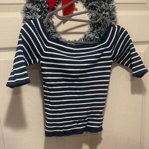 Zara Navy and White Striped Short Sleeve Top